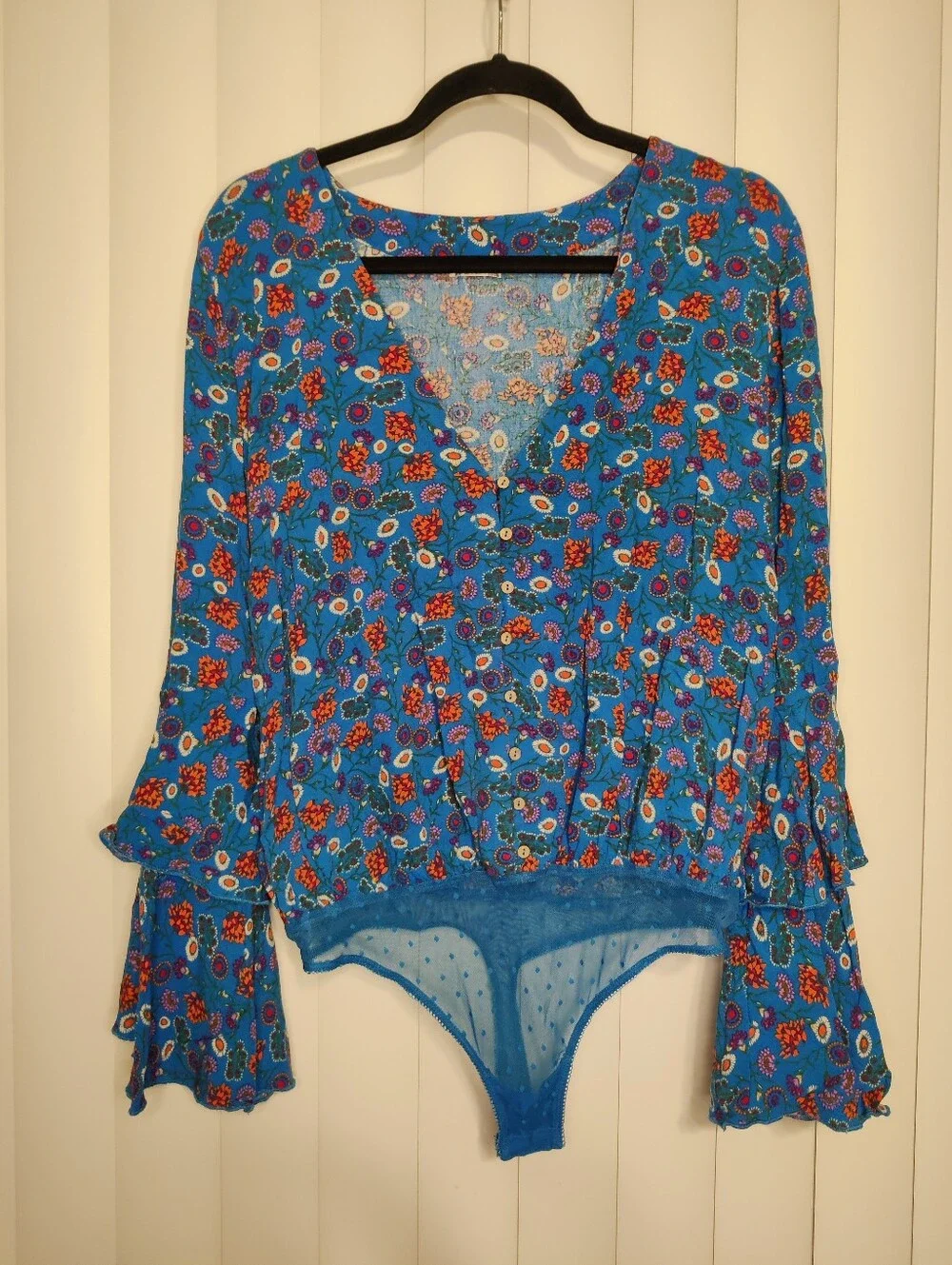 Free People Blue Floral Long Sleeve Bodysuit